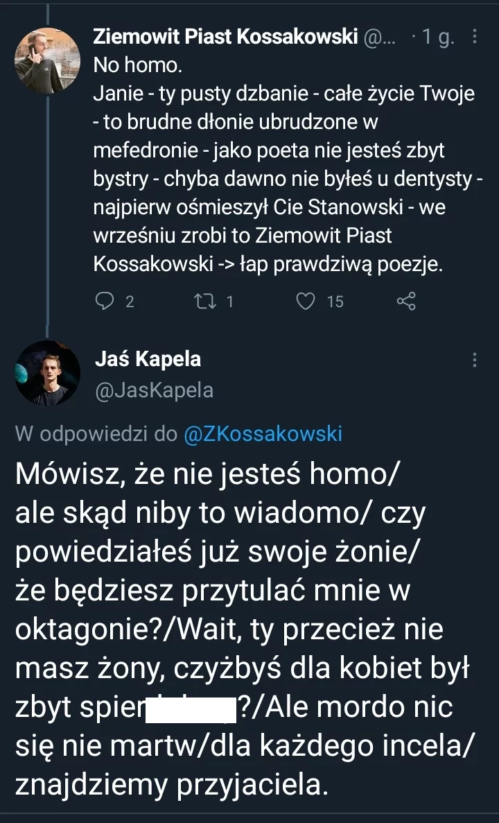 Twitterowa bitwa na rymy Jasia Kapeli i Ziemowita Kossakowskiego