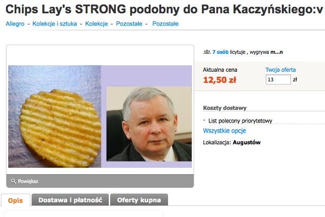 Na Allegro można kupić chipsa "podobnego do pana Kaczyńskiego"