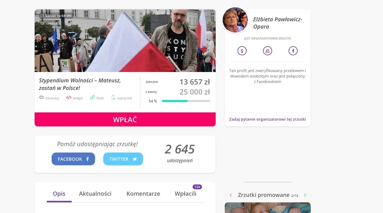 Do końca zbiórki pozostało jeszcze 64 dni, ale już uzbierano ponad 13 tys. zł.