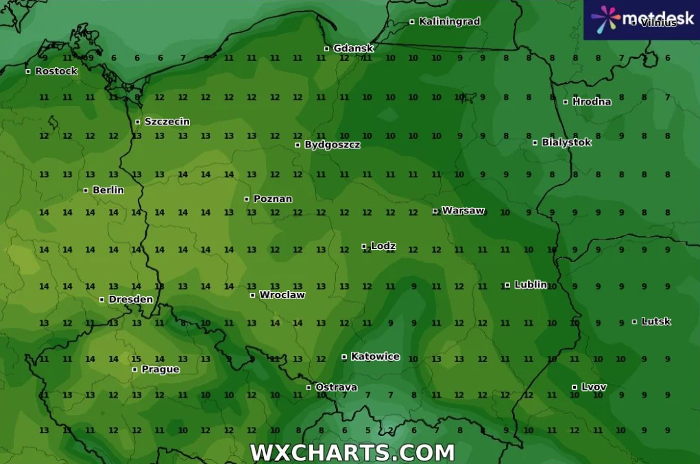 Czeka nas raptowny wzrost temperatury. Na grafice prognoza maksymalnej temperatury w niedzielę 9 marca.