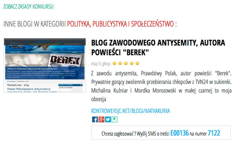 Oburzenie po nominacji blogera MatkaKurka w konkursie Blog Roku 2013. "Jedzie po tematach na skandalu", "Antysemicki"