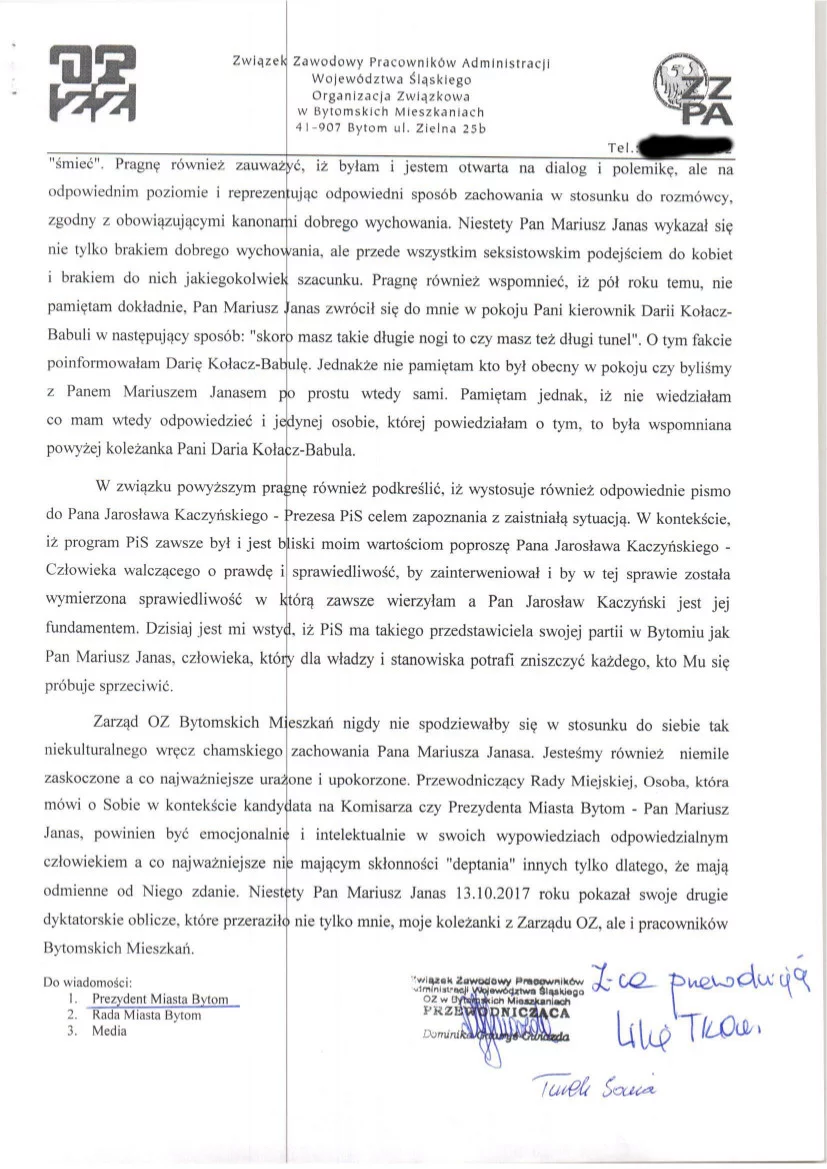 Ostatnia z czterech stron skargi związkowczyń na radnego Mariusza Janasa.