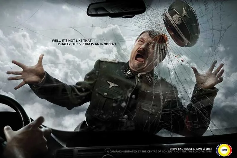 Plakat promujący bezpieczną jazdę samochodem.