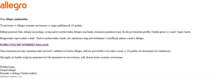 Ataki phishingowe są też często wymierzone w klientów popularnych portali sprzedażowych, tj. Allegro.