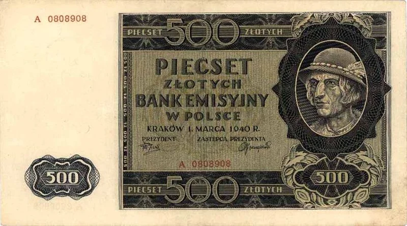 Okupacyjna "młynarka" 500 zł z 1940 roku, tzw. góral.