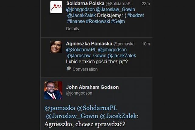 Tak wyglądała rozmowa, jaką John Godson przeprowadził na Twitterze z posłanką PO Agnieszką Pomaską