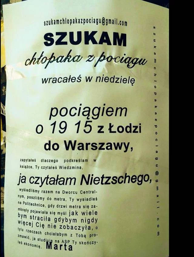 Ogłoszenie miłosne Marty, które można znaleźć na ulicach Warszawy