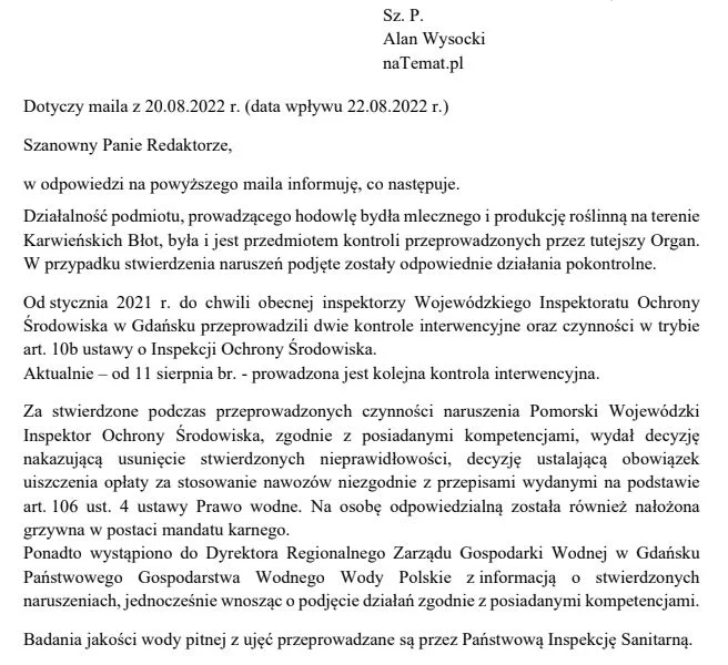 Informacja WIOŚ ws. zrzutu odchodów nad Bałtykiem