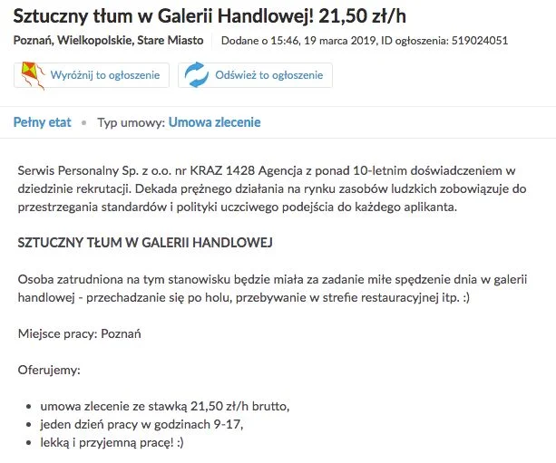 Agencja pracy szuka chętnych do... robienia sztucznego tłumu.