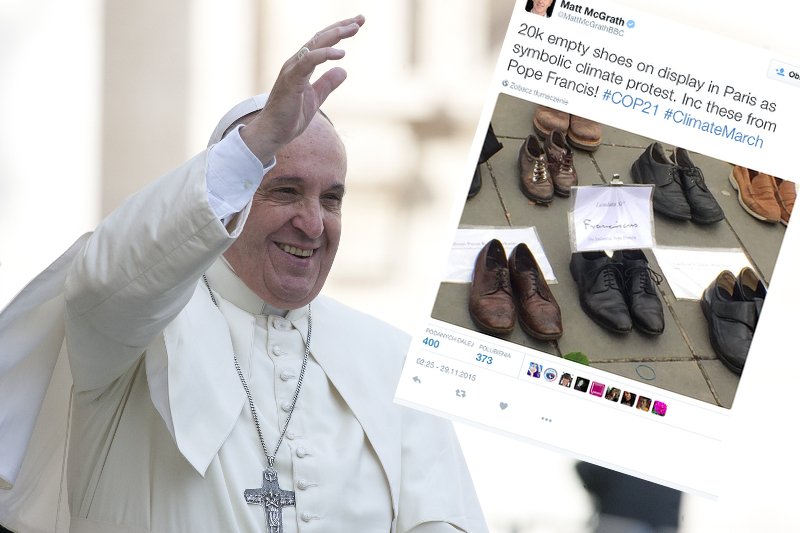 Tysiące par butów na Placu Republiki w Paryżu, jako forma protestu przed konferencją klimatyczną. Także papież Franciszek zostawił tam swoje obuwie.