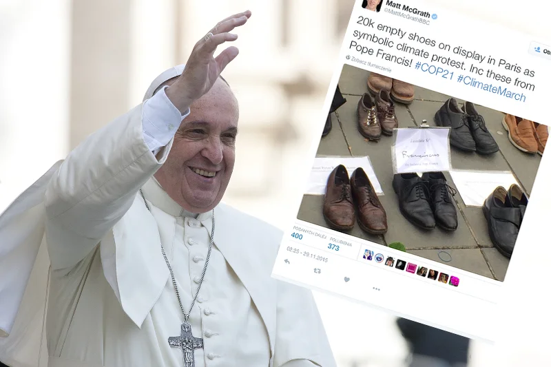 Tysiące par butów na Placu Republiki w Paryżu, jako forma protestu przed konferencją klimatyczną. Także papież Franciszek zostawił tam swoje obuwie.