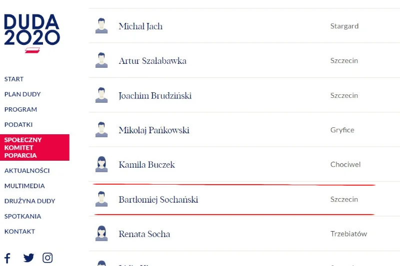 Sprawdziliśmy, rzeczywiście nazwisko Bartłomieja Sochańskiego figuruje w spisie na stronie kampanijnej Dudy.