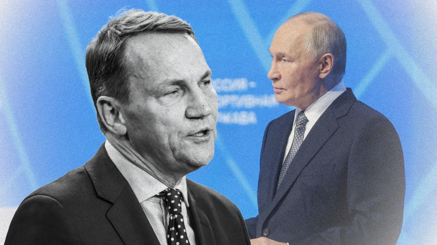 Radosław Sikorski. W tle Władimir Putin
