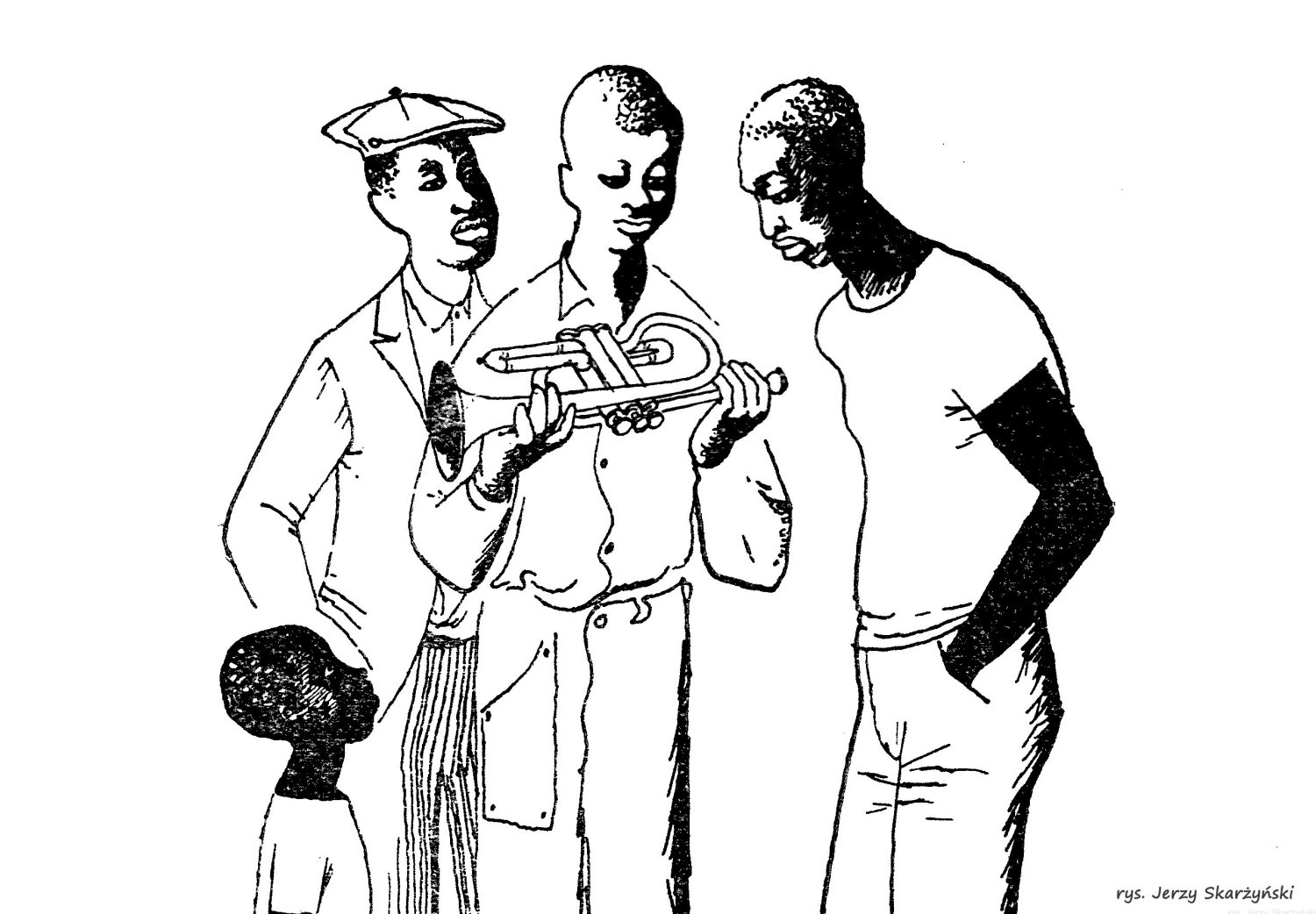 Rysunek pochodzi z pierwszego wydania książki "U brzegów jazzu" autorstwa Leopolda Tyrmanda opublikowanej w 1957 roku.