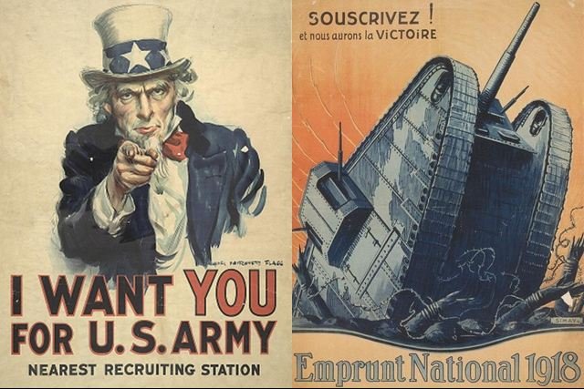 Władze państw walczących w I wojnie światowej chętnie zwracały się do swoich obywateli poprzez plakaty. Na zdjęciu: plakat rekrutacyjny armii Stanów Zjednoczonych i francuski plakat propagandowy