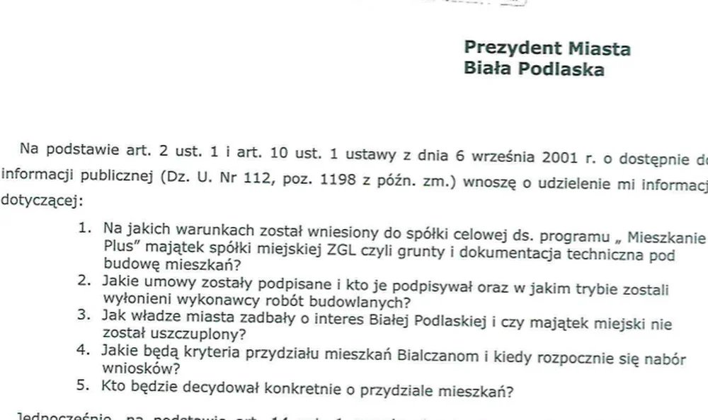 Fragment pisma do prezydenta.