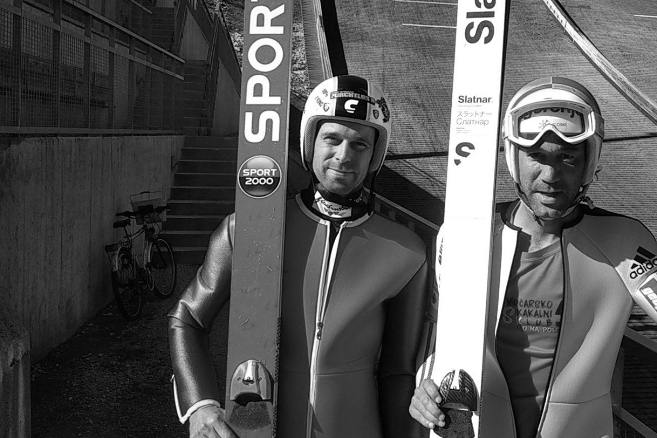 Uroš Peterka i Primož Peterka na skoczni w Planicy.