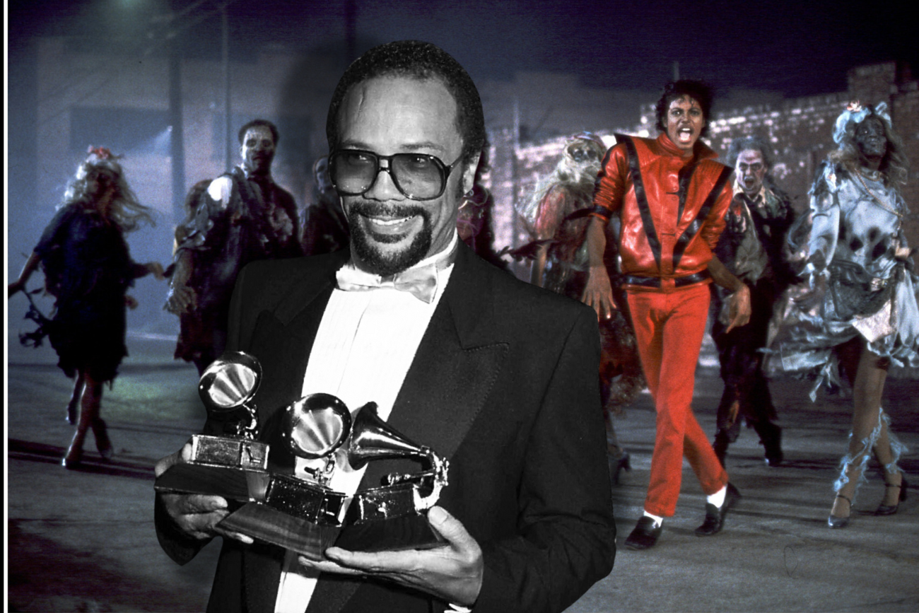 Na zdjęciu Quincy Jones. W tle kard z teledysku "Threiller"