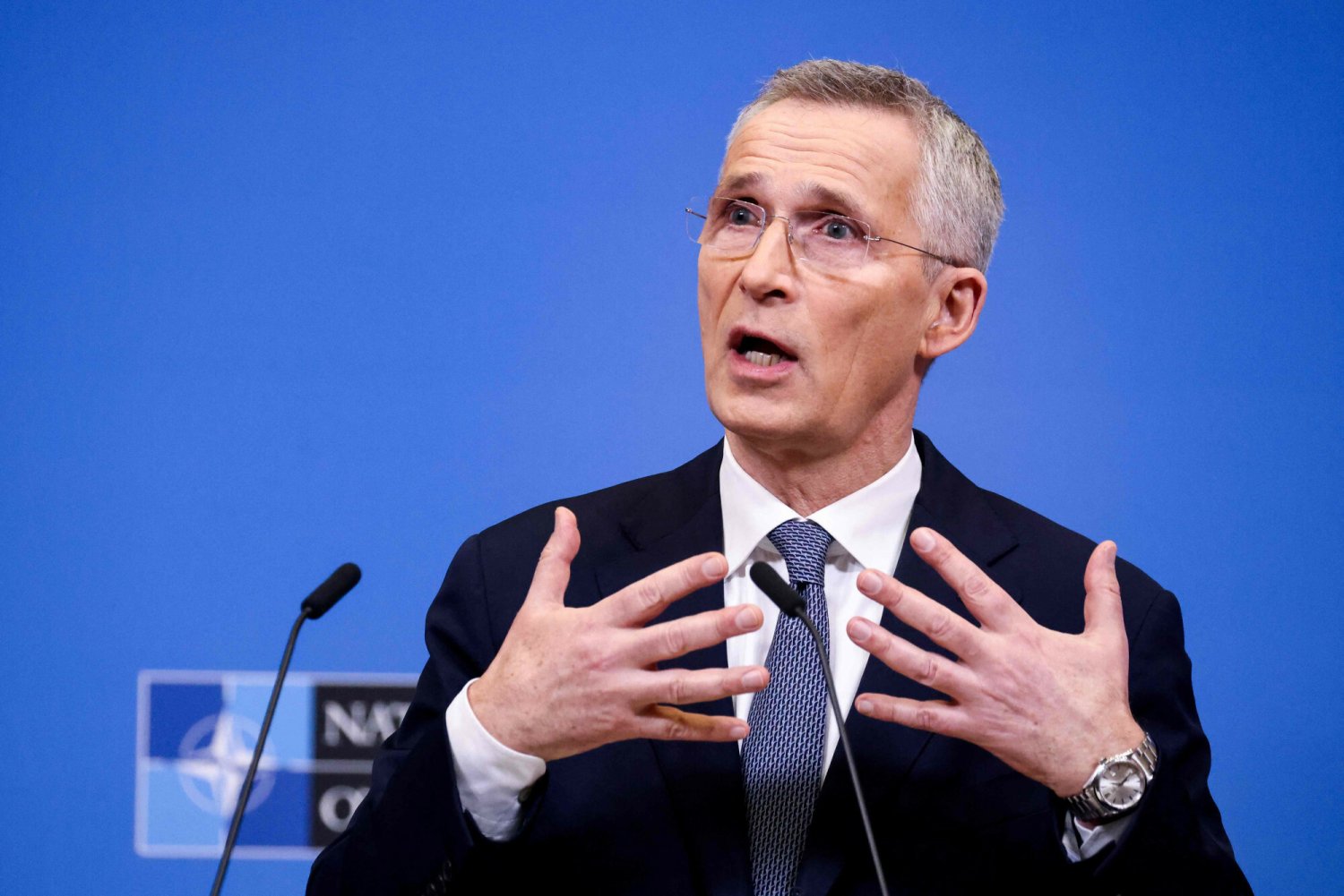 Jens Stoltenberg, sekretarz generalny NATO, podczas ogłaszania terminu dołączenia Finlandii do Sojuszu