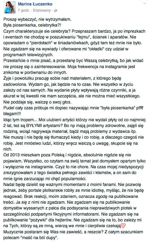 Wpis skierowany do hejterów, w którym Marina przesyła im "maść na ból d**y"