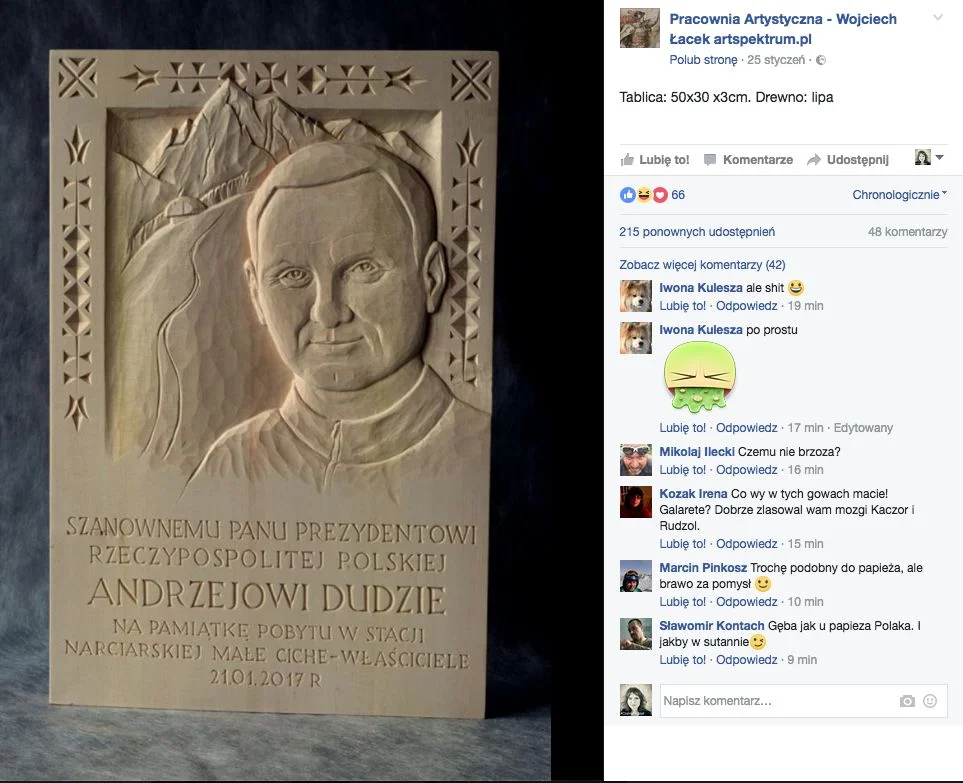 Wpis artysty z lipową tablicą prezydenta Dudy już zniknął z Facebooka.