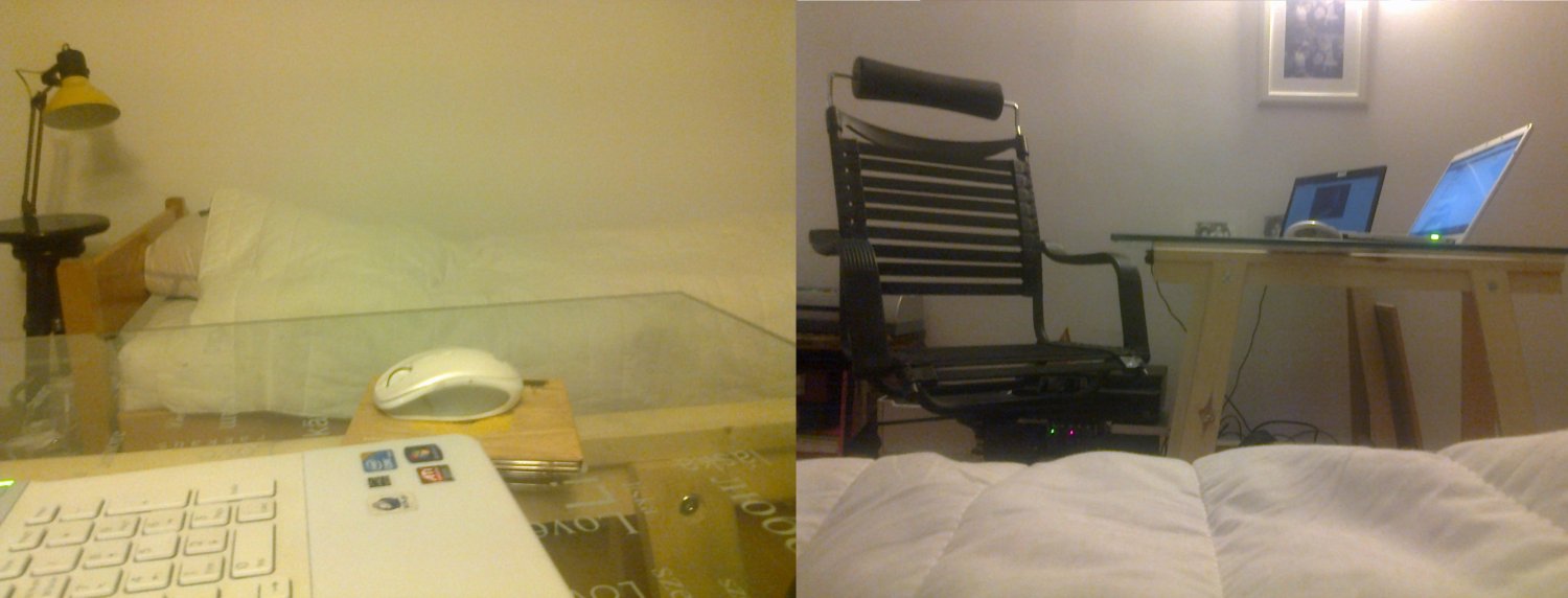 Moja sypialnia widziana z biura (po lewej) i moje biuro widziane z sypialni (po prawej).