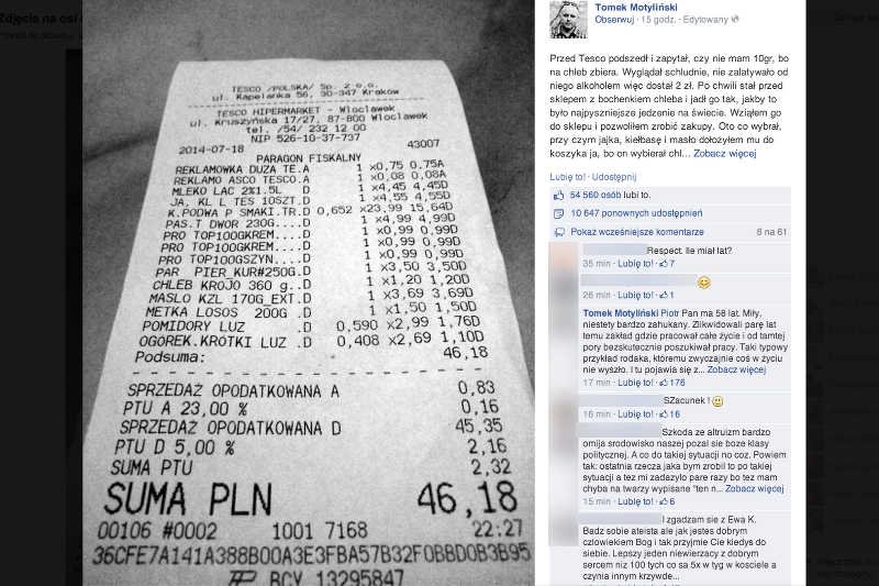 Wystarczyło 46 zł by pomóc potrzebującemu. Wzruszający wpis rozchodzi się p Facebooku.