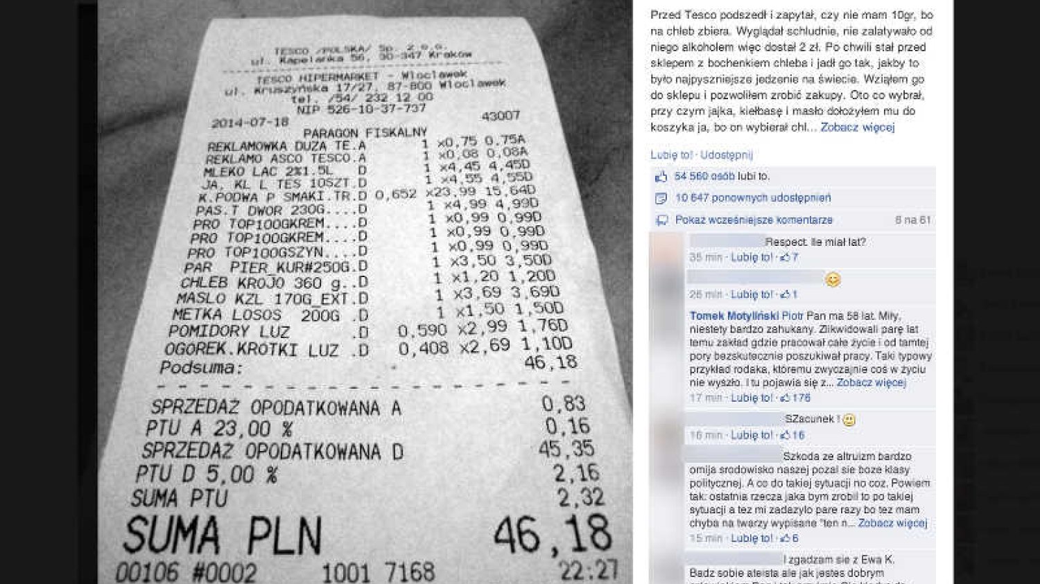 Wystarczyło 46 zł by pomóc potrzebującemu. Wzruszający wpis rozchodzi się p Facebooku.