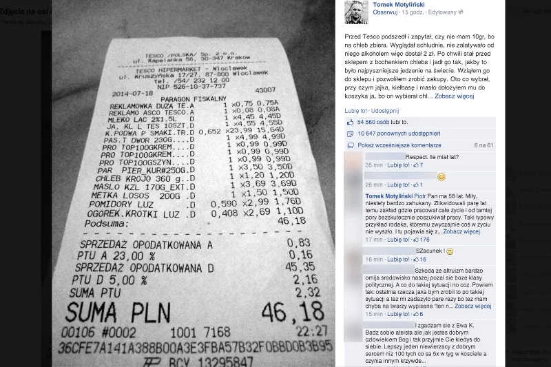Wystarczyło 46 zł by pomóc potrzebującemu. Wzruszający wpis rozchodzi się p Facebooku.