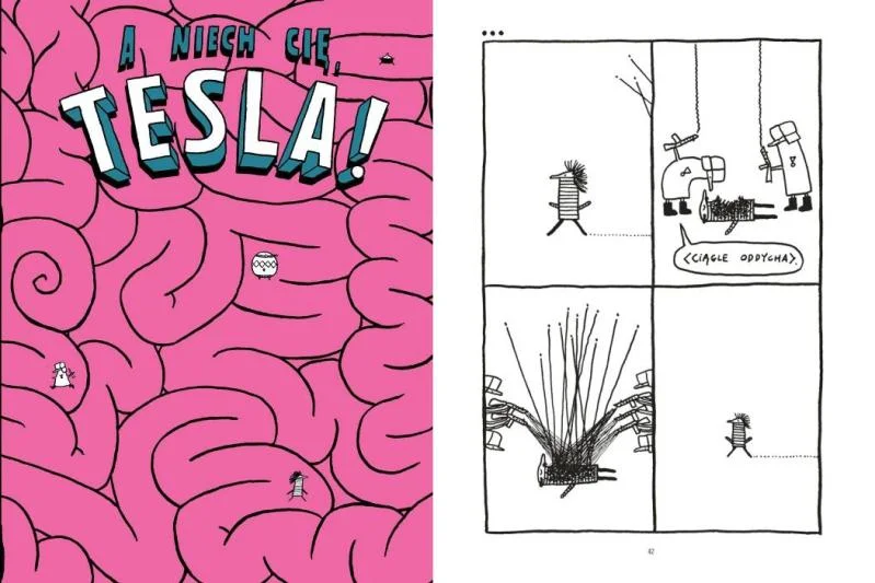 Okładka i kadr z komiksu "A niech cię, Tesla!".