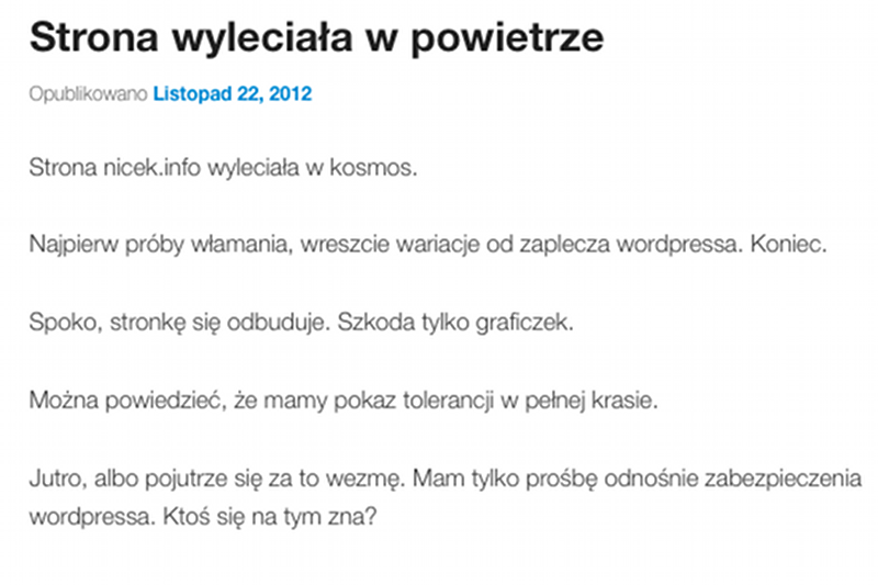 Taki wpis pojawia się po wejściu na stronę Artura Nicponia.