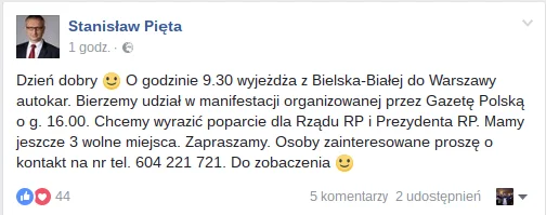 Usunięty wpis posła PiS Stanisława Pięty.