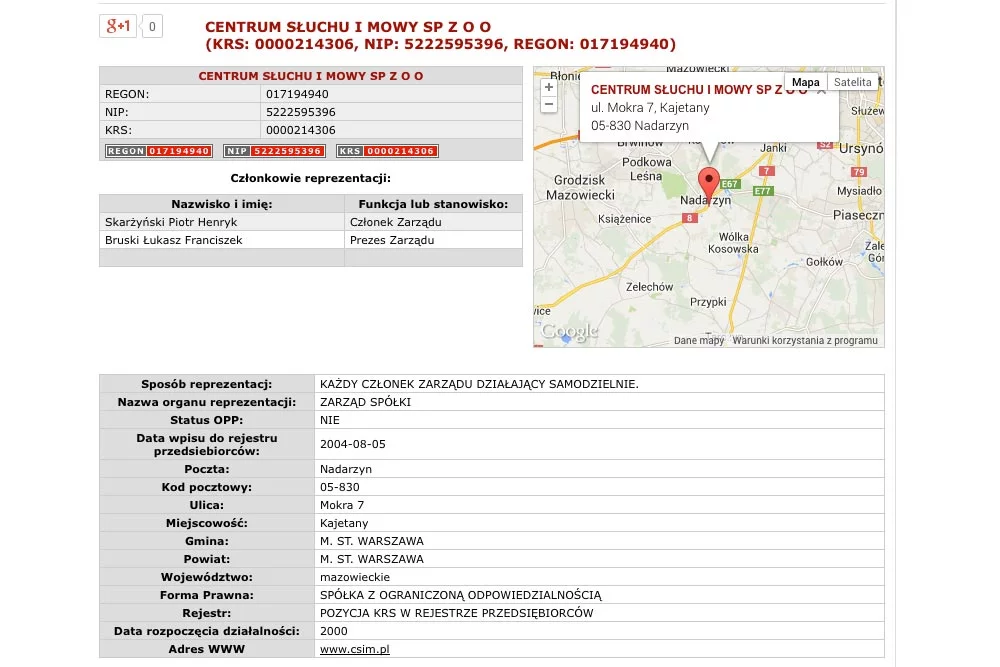 KRS spółki "Centrum Słuchu i Mowy"