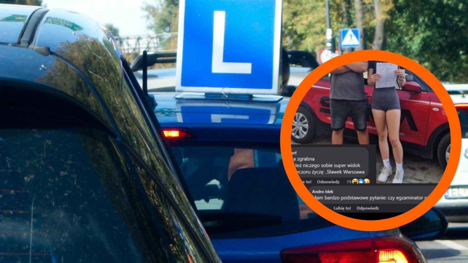 Na Facebooku pojawiła się informacja, że młoda kobieta zdała egzamin na prawo jazdy za pierwszym podejściem. Wtedy się zaczęło. Samochód z literą L w ruchu drogowym a obok niego kółko z fragmentem zdjęcia młodej kobiety, która zdała egzamin na prawo jazdy.