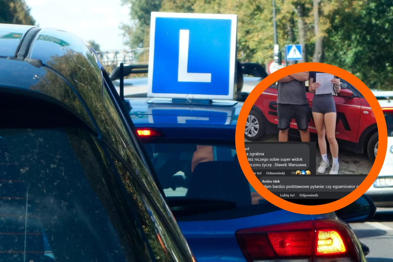 Samochód z literą L w ruchu drogowym a obok niego kółko z fragmentem zdjęcia młodej kobiety, która zdała egzamin na prawo jazdy.