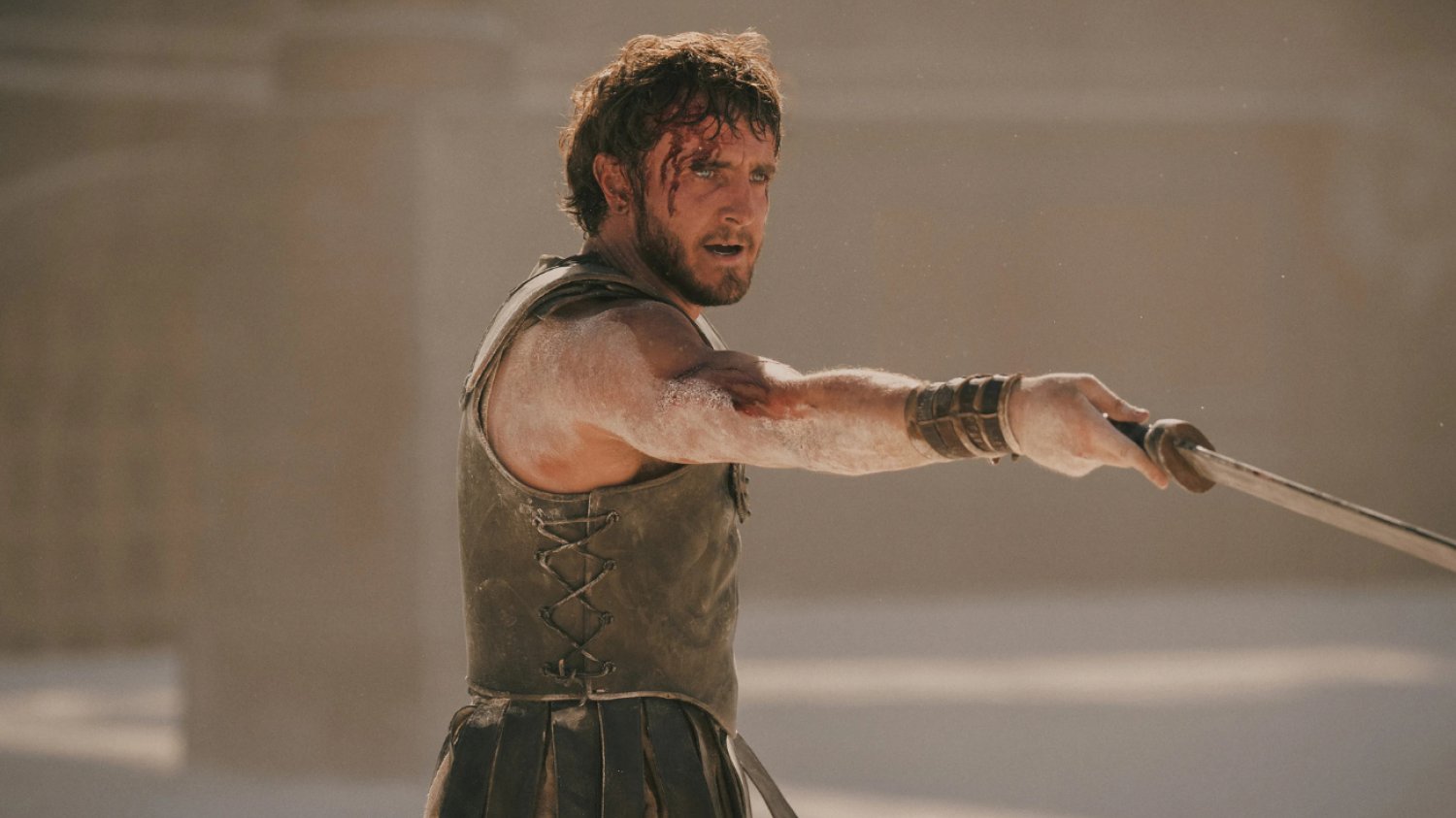 Paul Mescal jako Lucjusz w "Gladiatorze 2" Paul Mescal jako dorosły Lucjusz w filmie "Gladiator 2" Ridleya Scotta