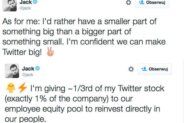 Prezes Twittera oddaje pracownikom 1/3 swoich akcji