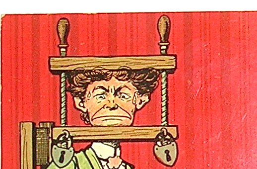 Fragment grafiki przeciwników prawa kobiet do głosowania zatytułowanej "Co bym zrobił sufrażystkom".