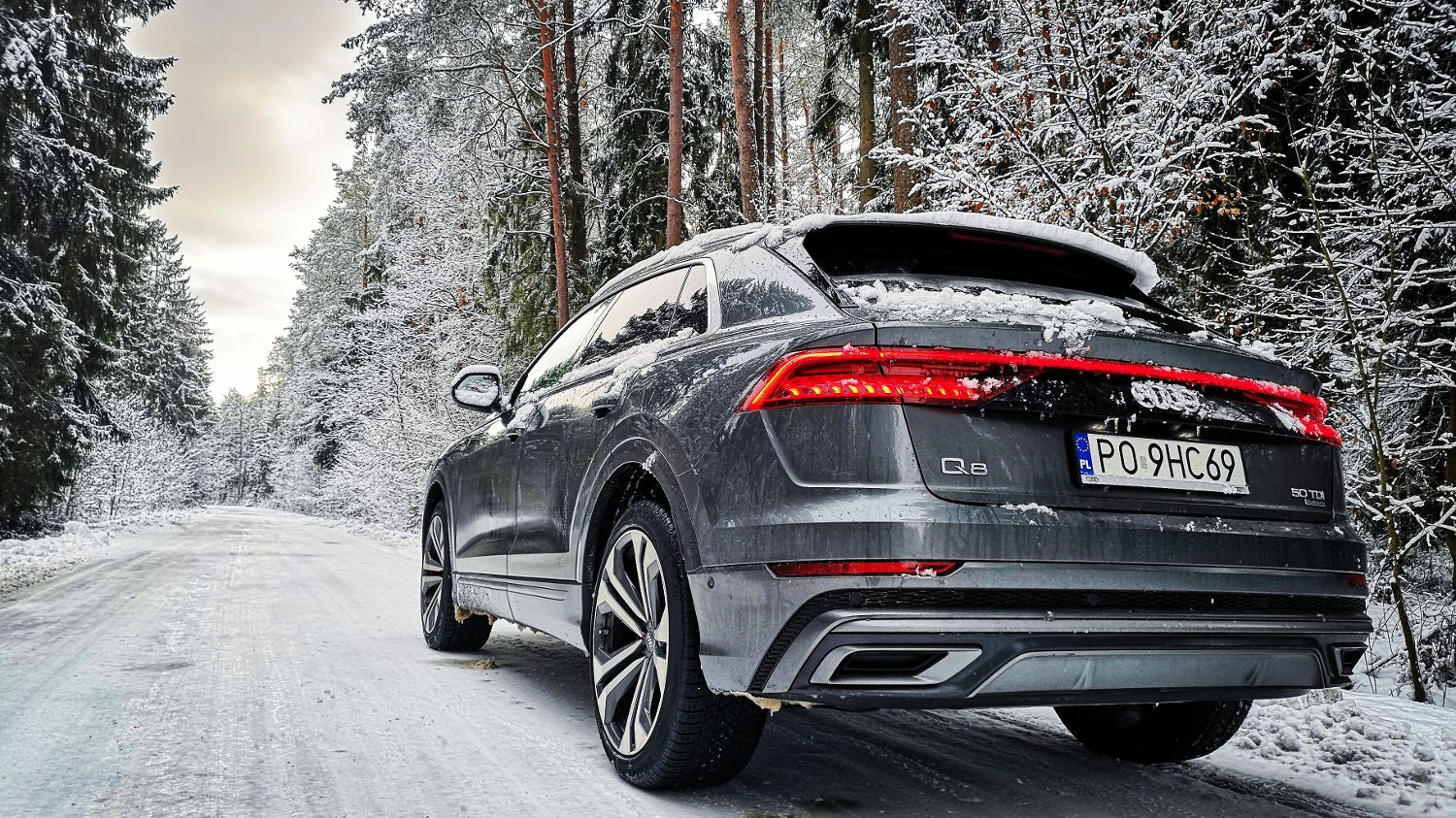 Audi Q8 w zimowej scenerii prezentuje i czuje się naprawdę dobrze.