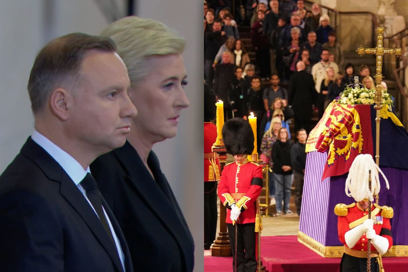 Andrzej Duda i Agata Kornhauser-Duda podczas składania hołdu przed trumną królowej Elżbiety II.