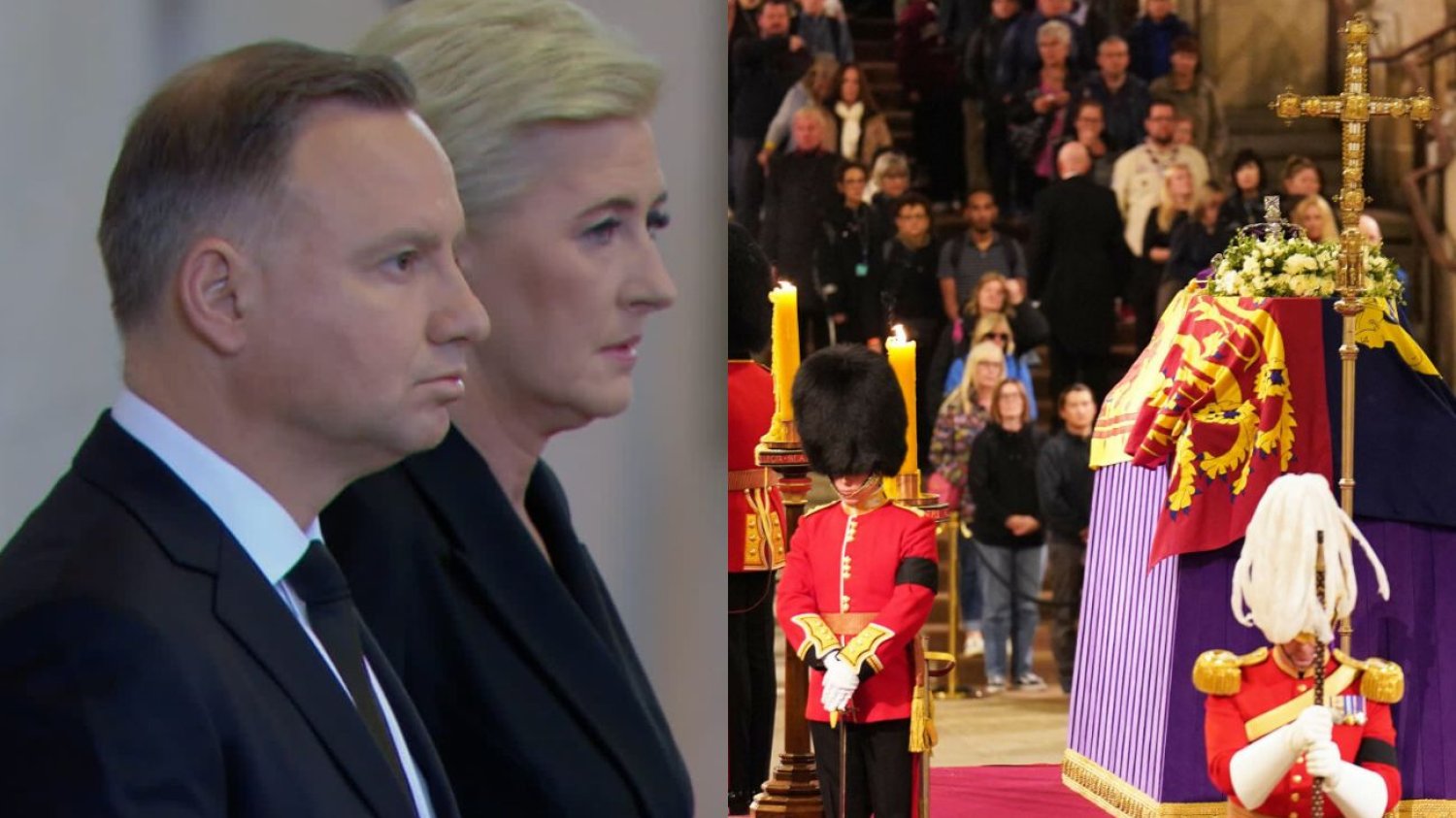 Andrzej Duda i Agata Kornhauser-Duda podczas składania hołdu przed trumną królowej Elżbiety II.