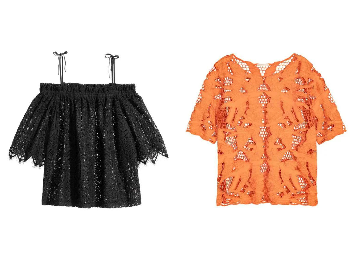 Koronkowa bardotka z cienkimi ramiączkami - H&M 149,90 zł, pomarańczowa bluzka - H&M trend 139, 90 zł