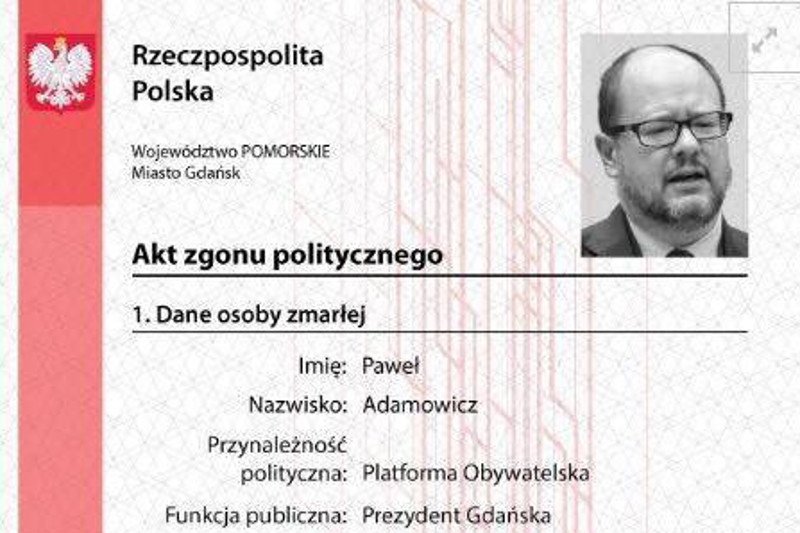 Paweł Adamowicz był jednym z 11 prezydentów, którym Młodzież Wszechpolska wystawiła "akt zgonu"