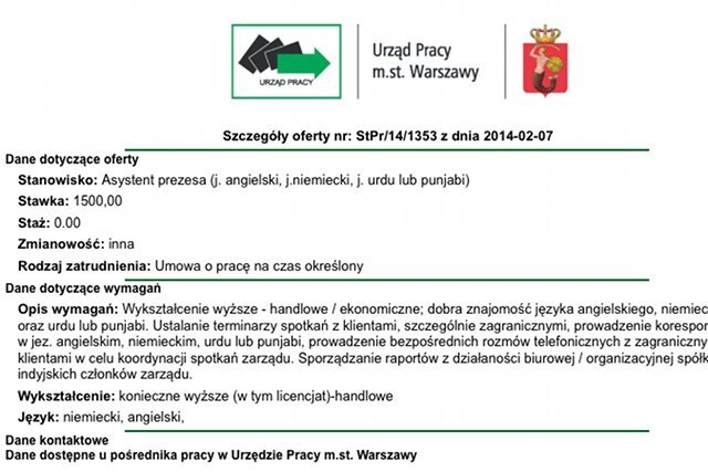Stanowisko asystenta prezesa. Wynagrodzenie: 1 500 zł miesięcznie