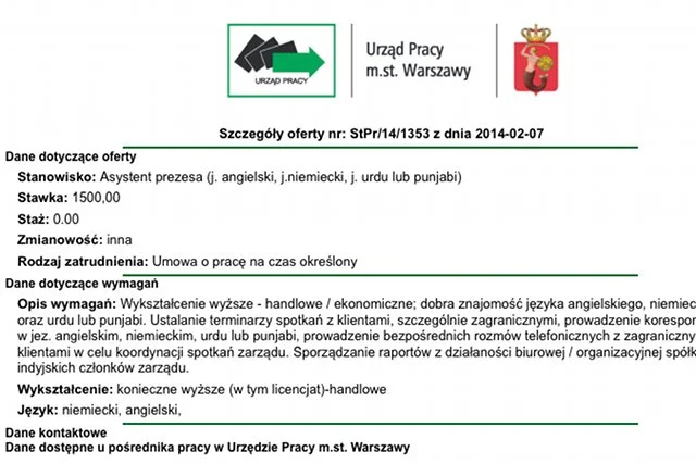 Stanowisko asystenta prezesa. Wynagrodzenie: 1 500 zł miesięcznie