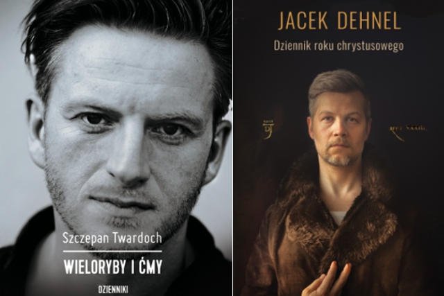Okładki książek "Wieloryby i ćmy' Szczepana Twardocha i "Dziennik roku chrystusowego" Jacka Dehnela.