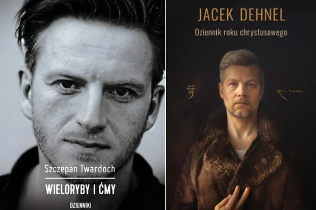 Okładki książek "Wieloryby i ćmy' Szczepana Twardocha i "Dziennik roku chrystusowego" Jacka Dehnela.