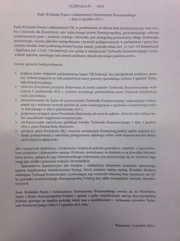 Za tym brzmieniem uchwały opowiedziało się 62 członków Rady Wydziału Prawa i Administracji UW.