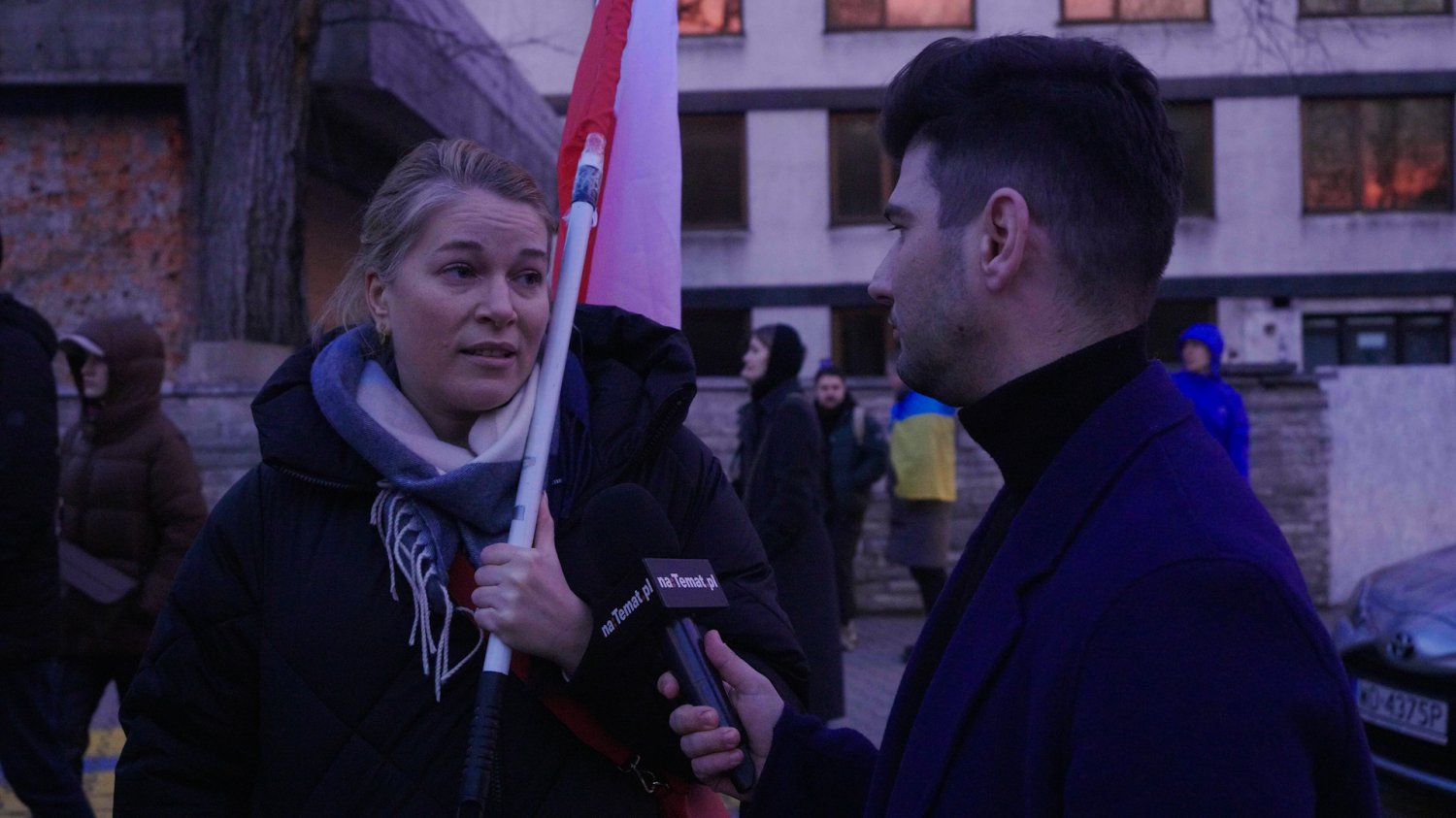 Protest pod ambasadą Rosji w Warszawie w drugą rocznicę wojny w Ukrainie.