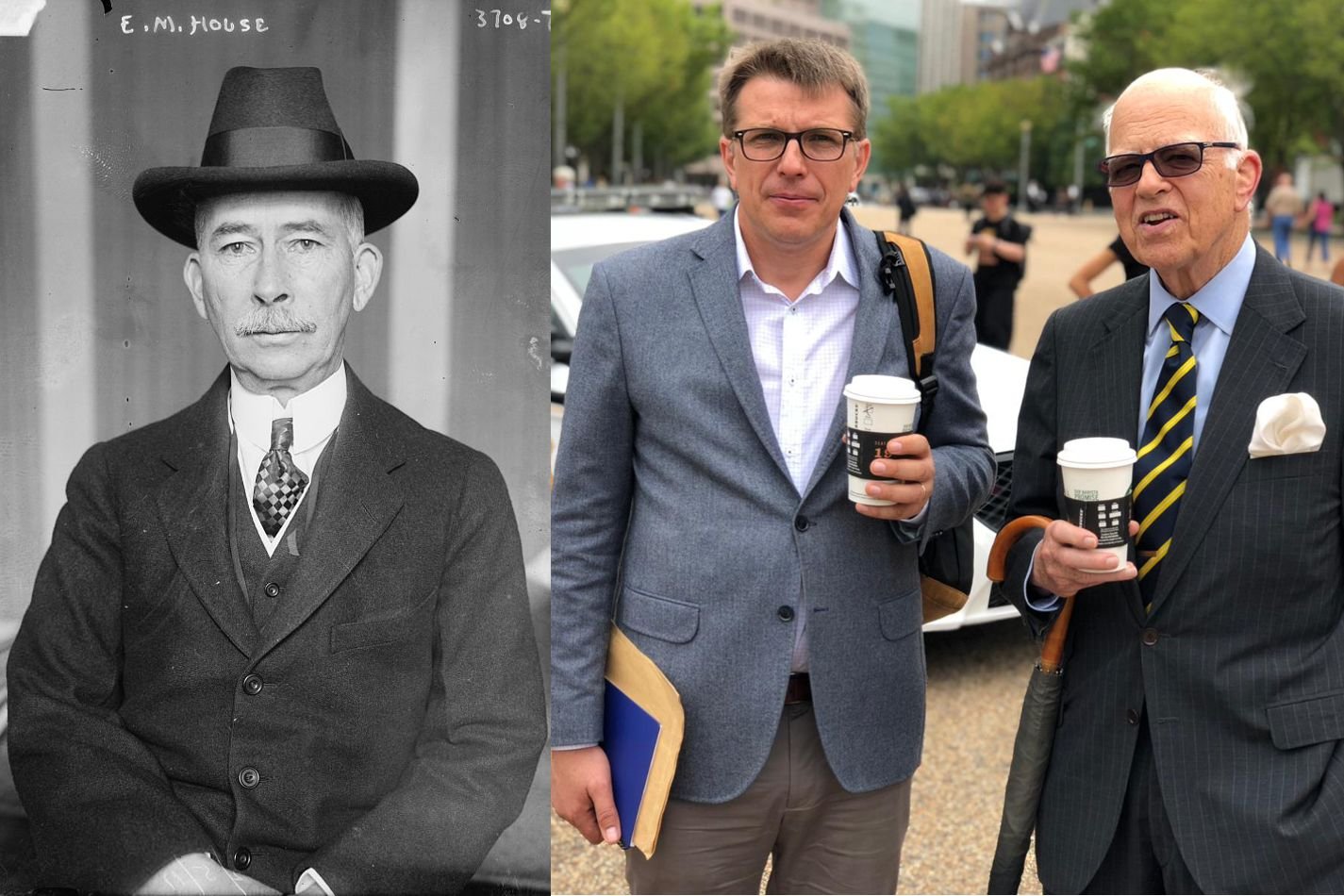 Po lewej Edward M. House, a po prawej dziennikarz Jacek Stawiski i prawnuk pułkownika - Edward Robbins